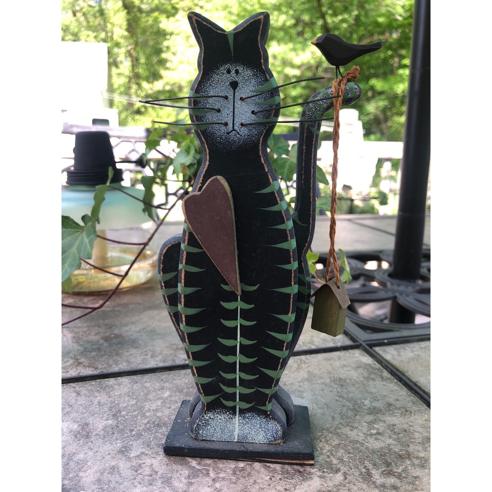 Wooden Folk Art Cat Figurine whimsygoth black boho Bird Birdhouse 8" decor